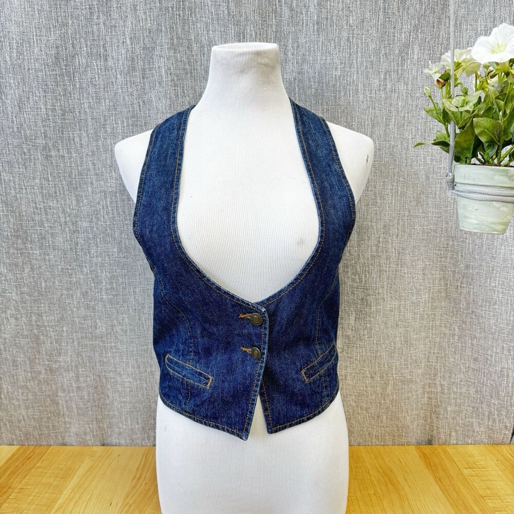 Vintage Y2K Wet Seal Denim Halter Vest Dark Wash Boho Retro 90s Jean Top Large